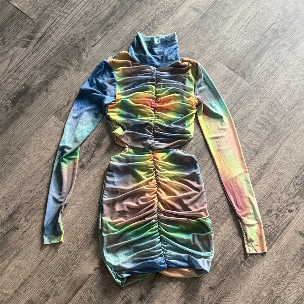 AFRM Rainbow Ruched Long Sleeve Bodycon Dress